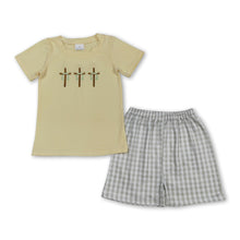 Load image into Gallery viewer, Cross embroidery top plaid shorts boys Easter outfits