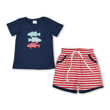 Load image into Gallery viewer, Stripe stars fish embroidery kids boys 4th of july outfits