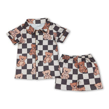 Load image into Gallery viewer, Short sleeves black plaid bear baby kids button down pajamas