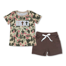 Load image into Gallery viewer, Cross embroidery camo top shorts kids boys Easter outfits