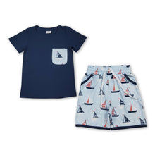 Load image into Gallery viewer, Navy short sleeves top boat shorts kids boys summer outfits