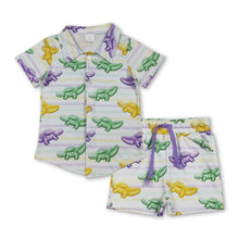 Load image into Gallery viewer, Dinosaur button down shirt shorts boys Mardi Gras set