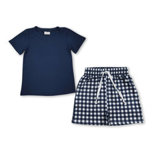 Load image into Gallery viewer, Short sleeves navy cotton top plaid shorts boys outfits