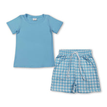 Load image into Gallery viewer, Short sleeves light blue top plaid shorts boys summer outfits