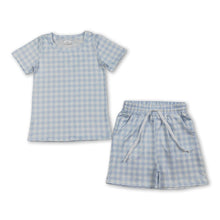 Load image into Gallery viewer, Short sleeves light blue plaid top shorts kids boys outfits