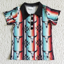 Load image into Gallery viewer, Aztec bull skull short sleeve boy western shirt