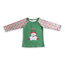 Load image into Gallery viewer, Green snowman plaid kids boy Christmas raglan shirt