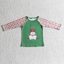 Load image into Gallery viewer, Green snowman plaid kids boy Christmas raglan shirt