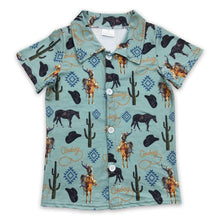 Load image into Gallery viewer, Cowboy cactus horse cow kids boy western button up shirt