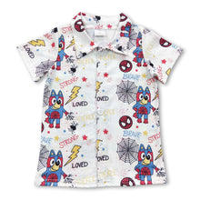 Load image into Gallery viewer, Blue dog spider kids boy button up shirt