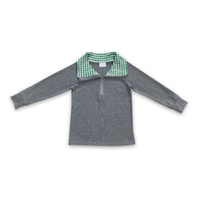 Load image into Gallery viewer, Grey cotton green plaid kids Christmas zipper pullover