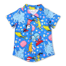 Load image into Gallery viewer, Short sleeves blue cat colorful dots boy button down shirt