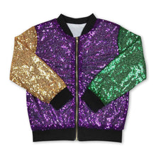 Load image into Gallery viewer, Purple gold green sequin kids mardi gras jacket