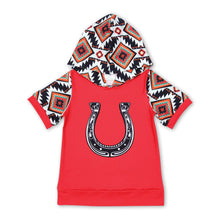 Load image into Gallery viewer, Red horseshoes aztec short sleeves western boys hoodie