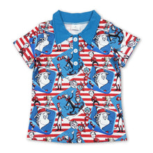 Load image into Gallery viewer, Blue red stripe cat hat short leeves kids boy polo shirt