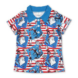 Blue red stripe cat hat short leeves kids boy polo shirt