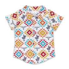 Load image into Gallery viewer, Bull skull cactus aztec kids boys button down shirt