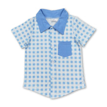 Load image into Gallery viewer, Light blue pocket plaid baby boy button down shirt