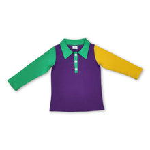 Load image into Gallery viewer, Green yellow long sleeves purple boys mardi grad polo shirt