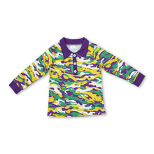 Load image into Gallery viewer, Purple yellow green camo kids boys Mardi Gras polo shirt