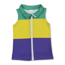 Load image into Gallery viewer, Sleeveless green yellow purple kids Mardi Gras zip vest
