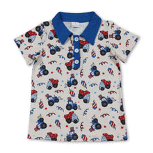 Load image into Gallery viewer, Blue short sleeves tractor kids boys 4th of july polo shirt