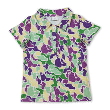 Load image into Gallery viewer, Purple green yellow camo kids boys mardi gras polo shirt