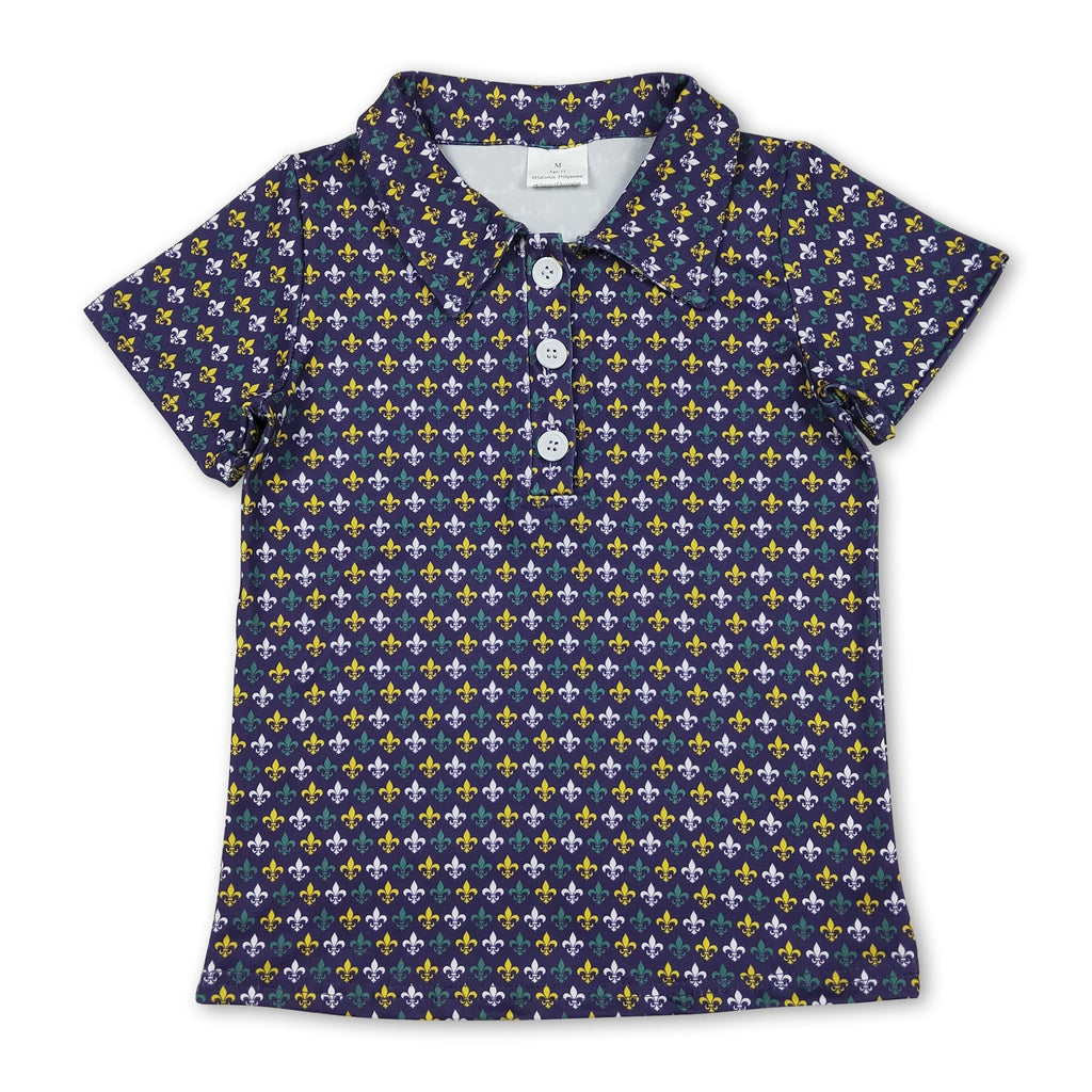 Purple green yellow short sleeves boys mardi gras polo shirt