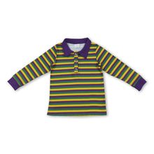 Load image into Gallery viewer, Purple green yellow stripe boys mardi gras polo shirt