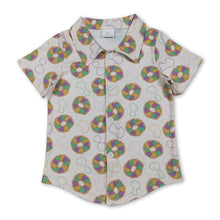 Load image into Gallery viewer, Yellow green purple donuts boys Mardi Gras button down shirt