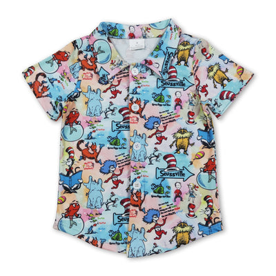 Short sleeves cat hat elephant boys button down shirt