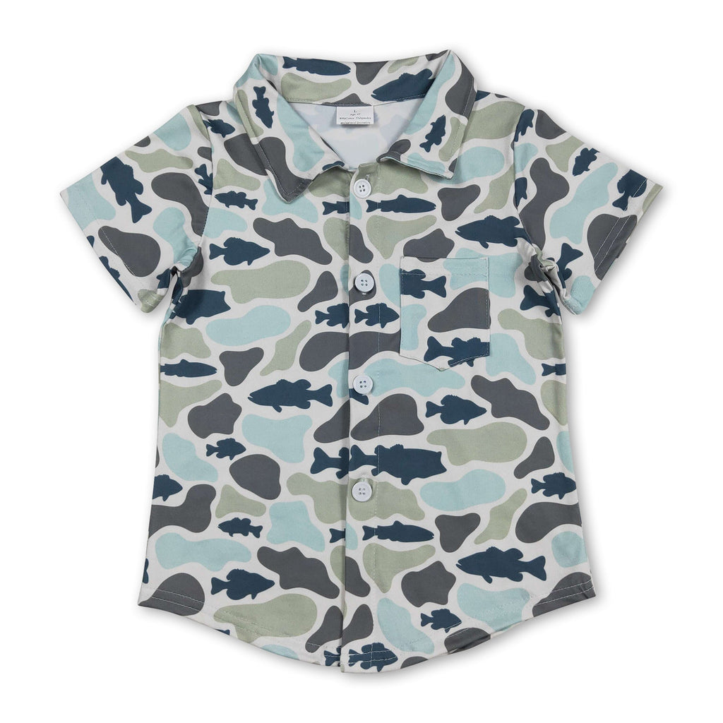 Short sleeves fish camo kids boys button down shirt