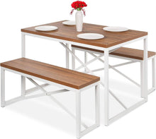 Load image into Gallery viewer, Modern 3-Piece Dining Set Wood Top White Metal Frame Table and 2 Bench Chairs