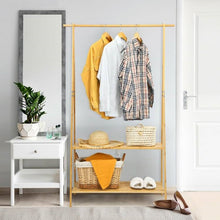 Load image into Gallery viewer, Entryway Bedroom Wood Garment Clothes Hanging Rack with 2 Bottom Storage Shelves