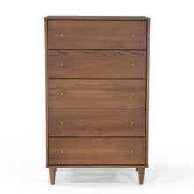 Load image into Gallery viewer, Farmhouse Rustic Walnut Mid Century 5 Drawer Chest