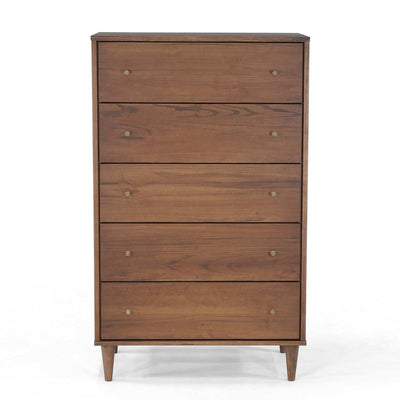 Farmhouse Rustic Walnut Mid Century 5 Drawer Chest
