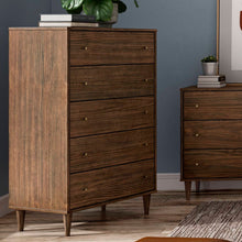 Load image into Gallery viewer, Farmhouse Rustic Walnut Mid Century 5 Drawer Chest