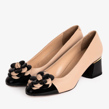Load image into Gallery viewer, The Diva Beige Leather Cap Toe Block Heel Pump Women Shoe