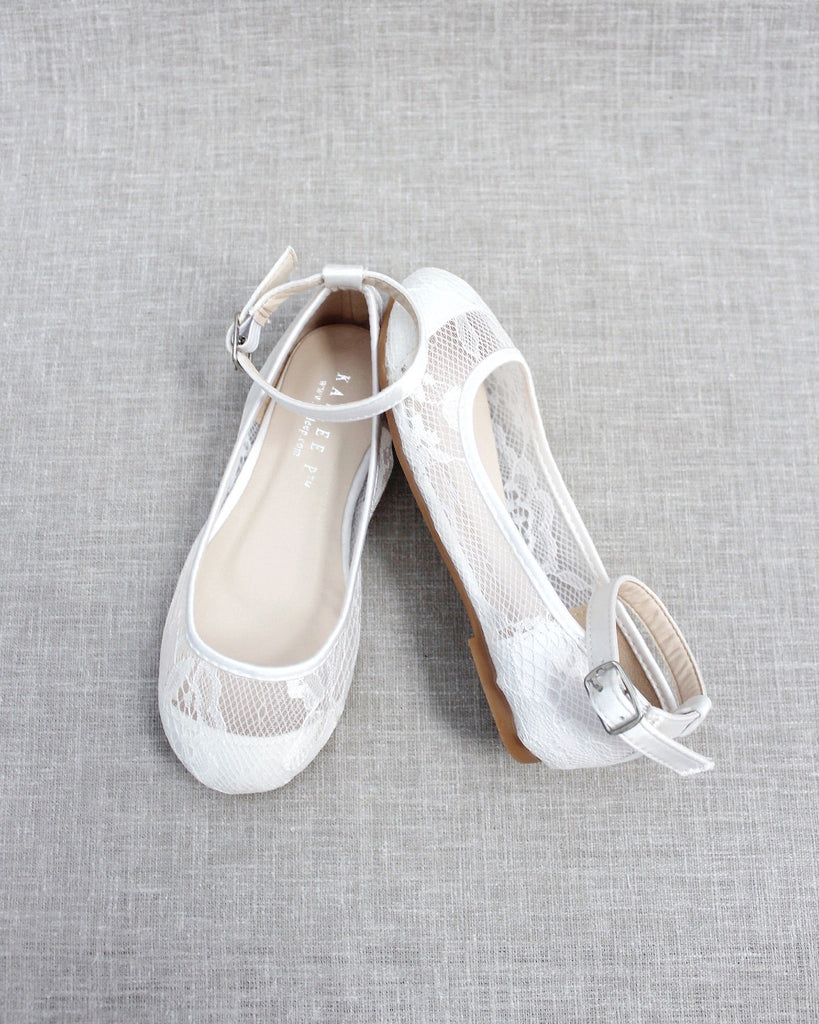 White New Lace Ballet Flats with Ankle Strap