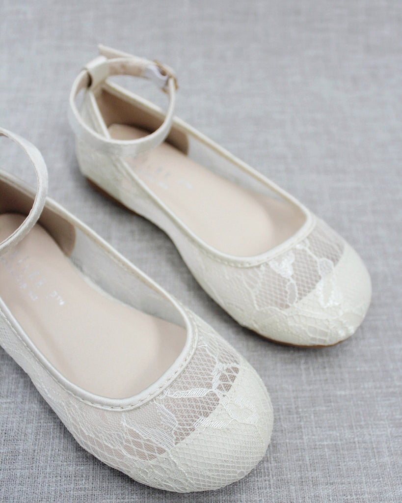 Ivory New Lace Ballet Flats with Ankle Strap