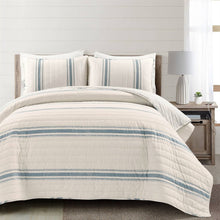 Load image into Gallery viewer, California King Blue Off-White Cream Stripe 3 Piece Reversible Cotton Quilt Set