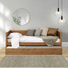Load image into Gallery viewer, Twin size Solid Wood Daybed with Roll Out Trundle Bed Frame in Medium Brown
