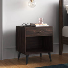Load image into Gallery viewer, Mid-Century Modern 1-Drawer Nightstand End Table in Dark Brown Wood Finish