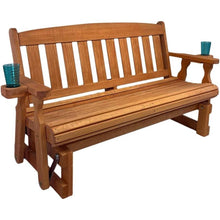 Load image into Gallery viewer, 4ft Heavy Duty Porch Glider Bench with Cupholders in Cedar Finish - Made in USA