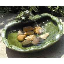 Load image into Gallery viewer, Green Glazed Ceramic Fountain Bird Bath with Frog and Solar Pump