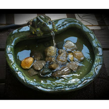 Load image into Gallery viewer, Green Glazed Ceramic Fountain Bird Bath with Frog and Solar Pump