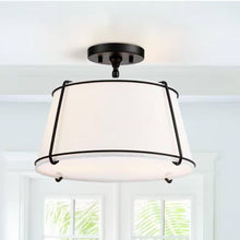 Load image into Gallery viewer, 2-Light Round 15-inch White Drum Ceiling Light w/ Black Metal - Semi-Flush Mount