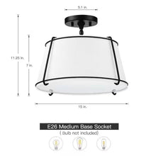 Load image into Gallery viewer, 2-Light Round 15-inch White Drum Ceiling Light w/ Black Metal - Semi-Flush Mount