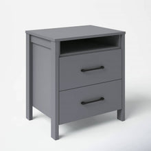 Load image into Gallery viewer, Modern 2-Drawer Bedside Table Nightstand with Open Shelf in Grey Wood Finish