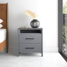 Load image into Gallery viewer, Modern 2-Drawer Bedside Table Nightstand with Open Shelf in Grey Wood Finish